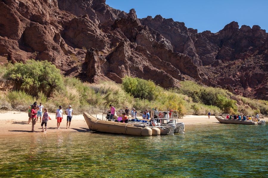 Rafting group landing on a beach in Black Canyon below Hoover Dam